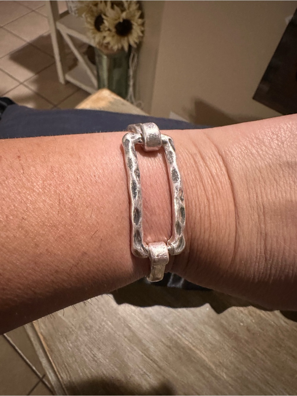 Hammered Rectangular Link Silver Bracelet